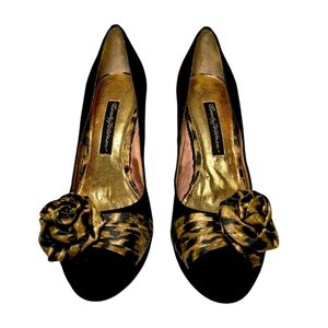 BEVERLY FELDMAN Black Suede Peep Toe Pumps Women's Size 7.5 Leopard Rose